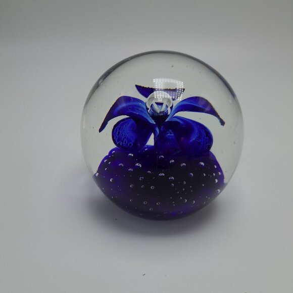 Handblown Cobalt Blue Glass Paperweight With Flower Design - Picture 4 of 7